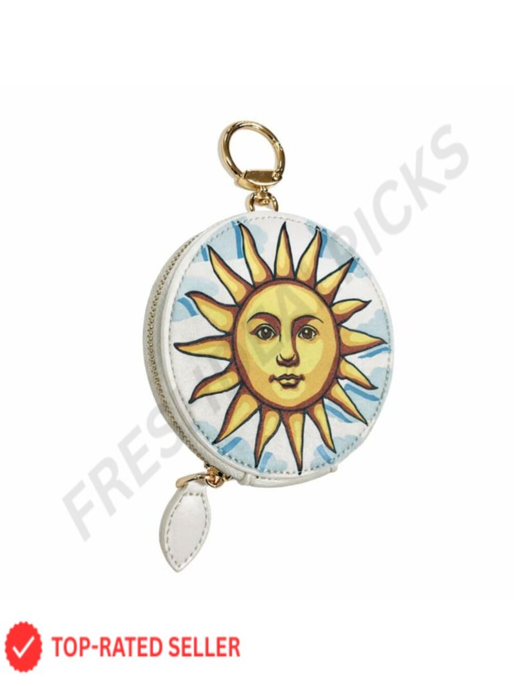 Boho Sun Face Coin Purse Keychain - Celestial Mini Round Zipper Pouch, Faux